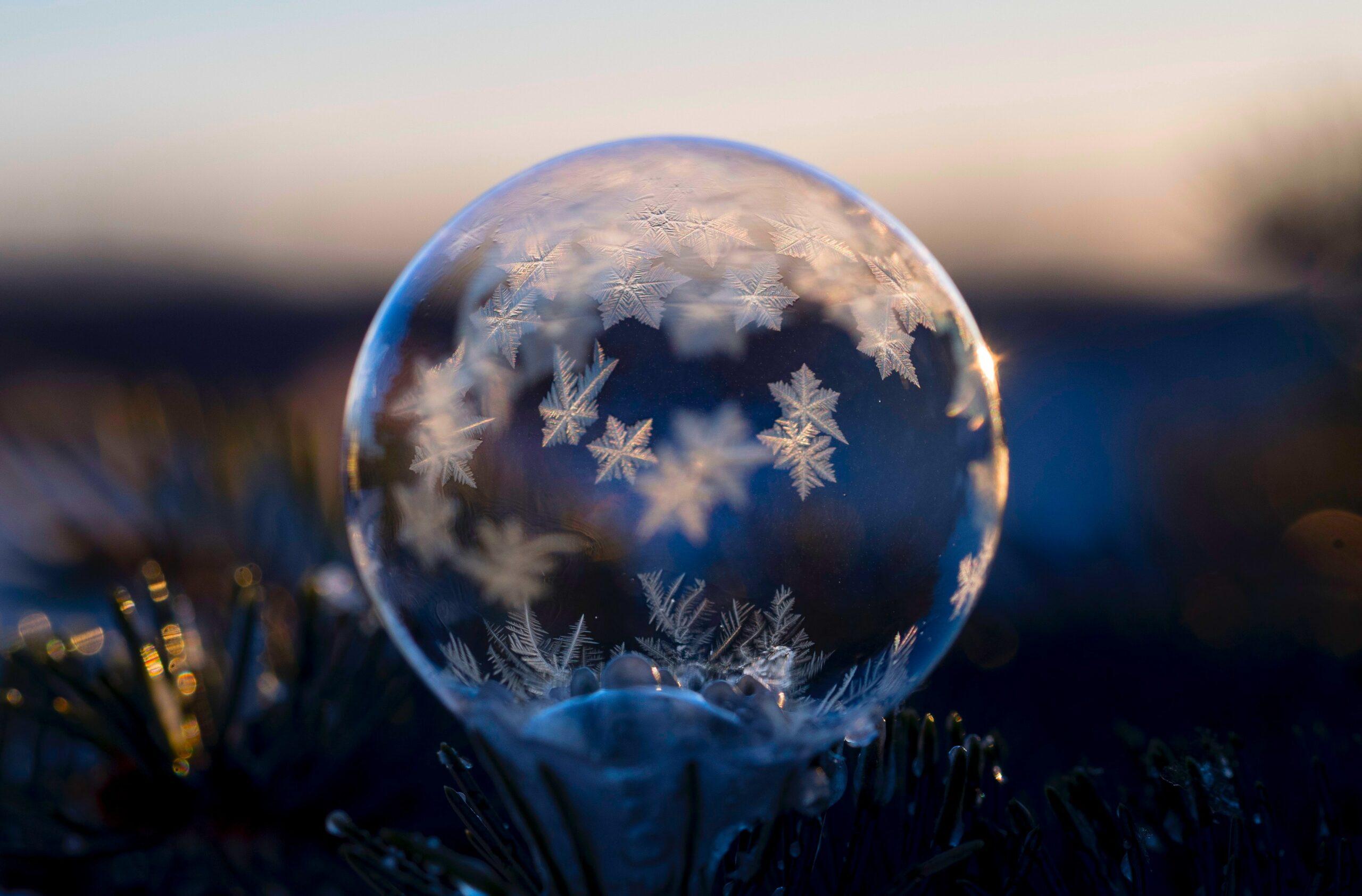Bubble with snowflakes frozen on it.